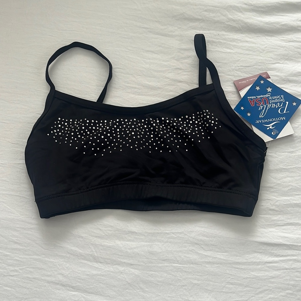 Motionwear Crop Bra Top Dance Gymnastics Black Rhinestones NEW Size Adult Large